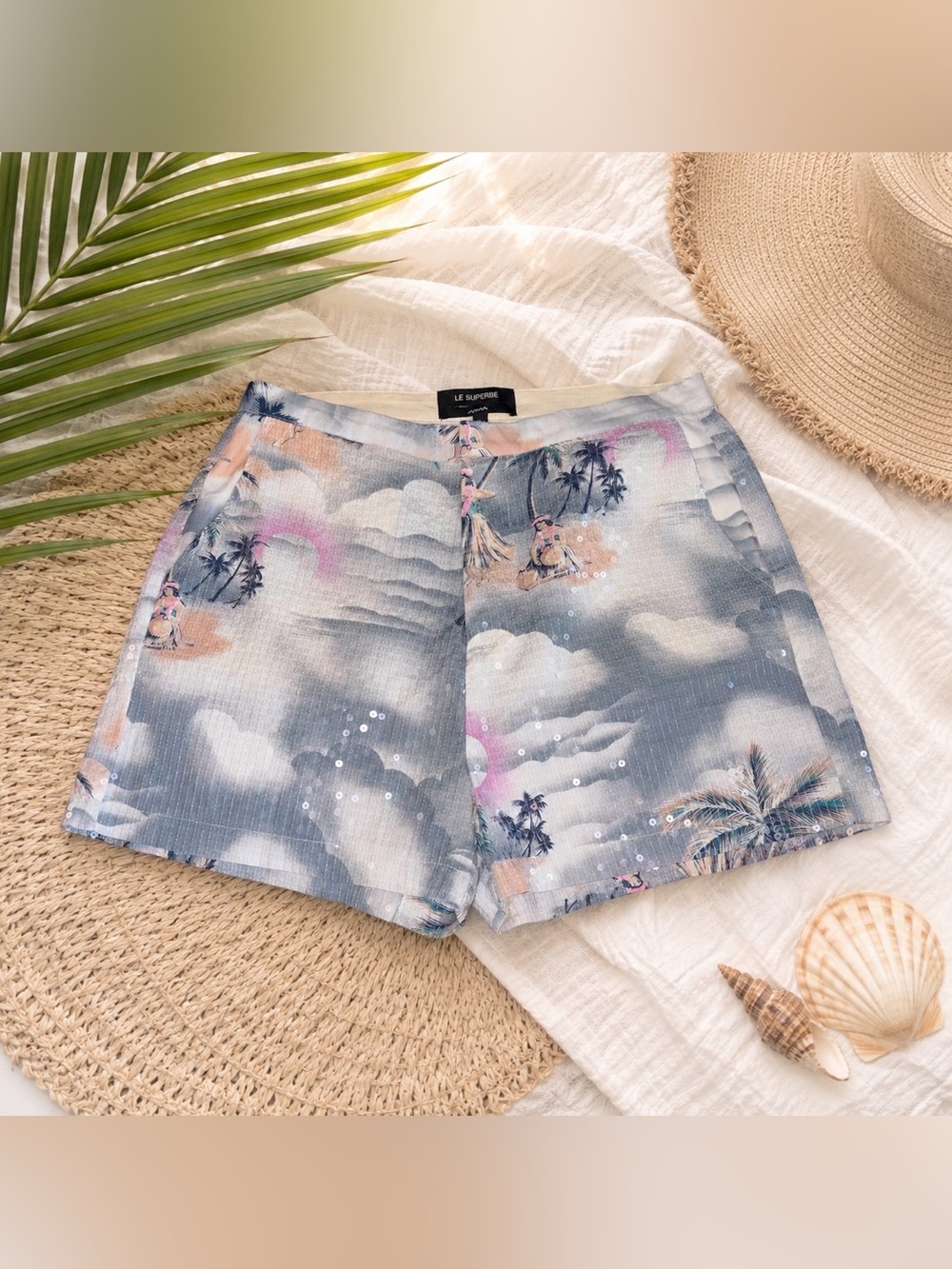 Le Superbe Tropical Sequin Resort Shorts Island & Palm Tree Print Size 8